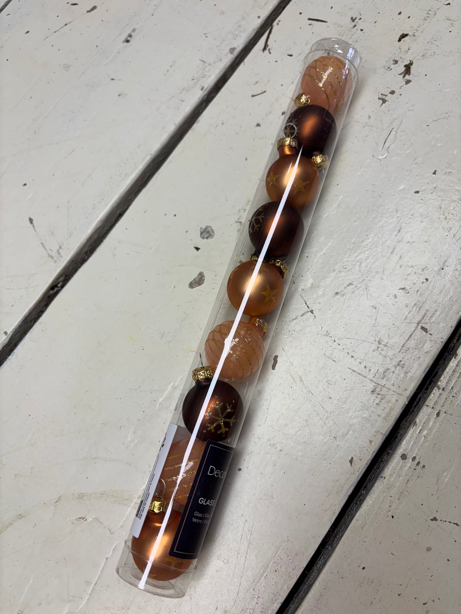 Kerstballen 3 roze, 3 roze doorzichtig, 3 koper kleurig, 9stuks totaal