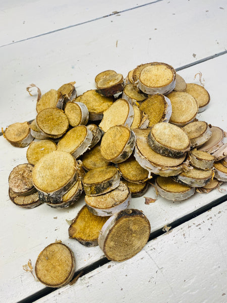 Houtschijfje ongeveer 2 tot 4cm doorsnee naturel, per 500gr.