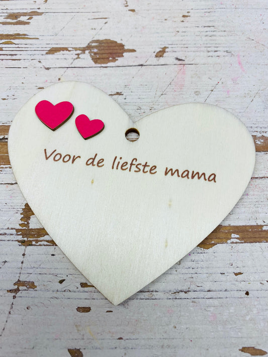 Hart hout naturel, voor mama, met 2 rode hartjes erop, per stuk