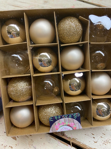 Kerstballen gemengd, middel groot, in goud tinten, per 10 stuks