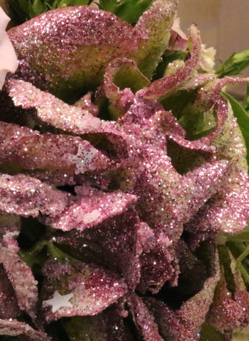 Hortensia Hydrangea, gedroogd gedompeld in glitters en sneeuw roze/groen, per stuk