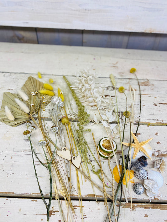 pakketje van 37 droogbloemen, wit en geel,+10 schelpen, +2 hartjes