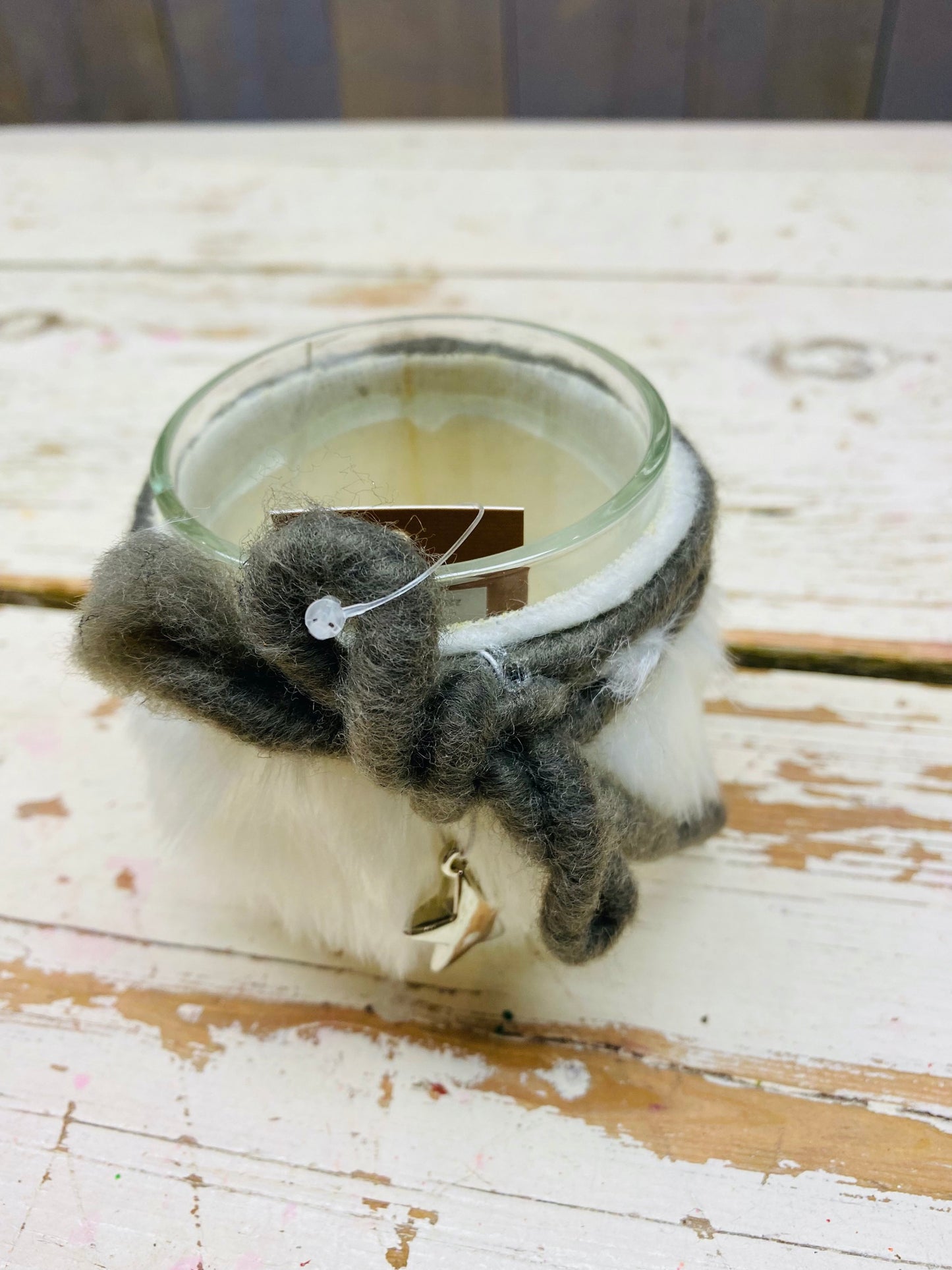 Theelicht houder helder glas, wit bont, per stuk, 8cm doorsnee, per stuk