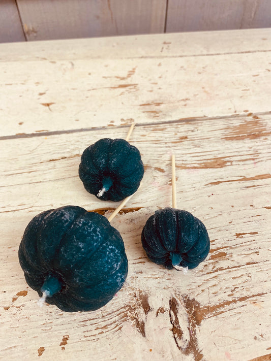 Pompoen kaarsjes op stok, 3 stuks, div. formaat, groen/blauw