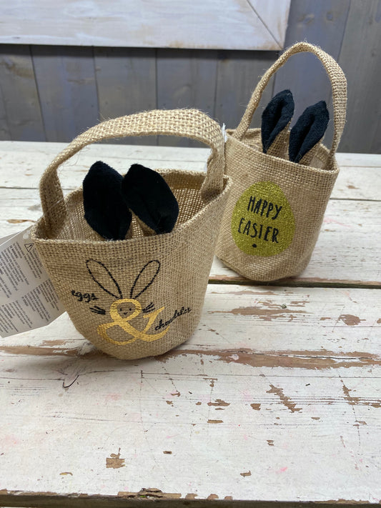 Jute mandje met stoffen paashaas oren, assortie, H 12cm, per stuk