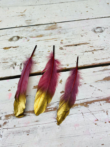 Veer, veren, goud /fel roze, 3 stuks